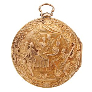 English verge with rare repousse scene, John Ellicott Circa 1729