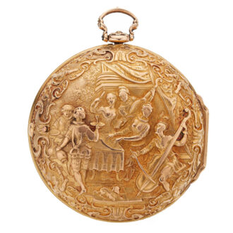 English verge with rare repousse scene, John Ellicott Circa 1729