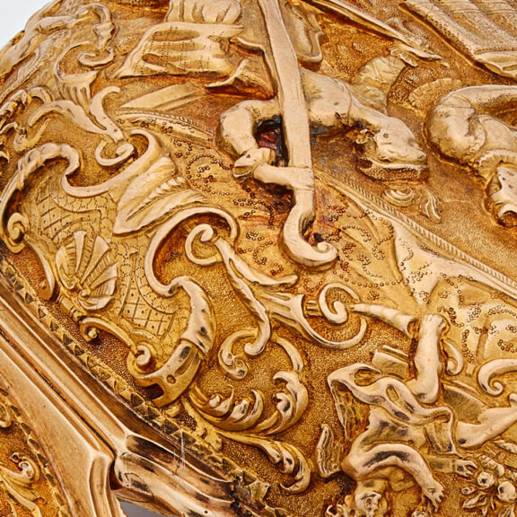 English verge with rare repousse scene, John Ellicott Circa 1729 English verge with rare repousse scene, John Ellicott Circa 1729