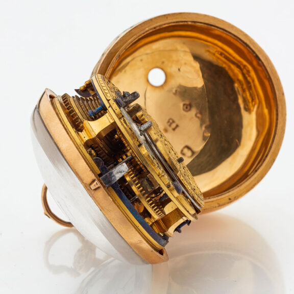 English verge with rare repousse scene, John Ellicott Circa 1729 English verge with rare repousse scene, John Ellicott Circa 1729
