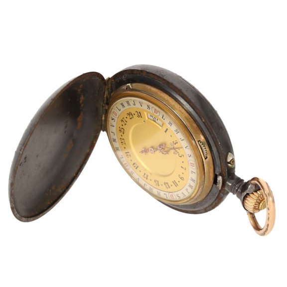 Swiss gunmetal lever watch with concealed calendar Circa 1890 Swiss gunmetal lever watch with concealed calendar Circa 1890