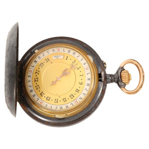 Swiss gunmetal lever watch with concealed calendar Circa 1890 Swiss gunmetal lever watch with concealed calendar Circa 1890