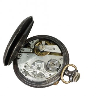 French burnished iron pocket watch with a silver dial Circa 1915