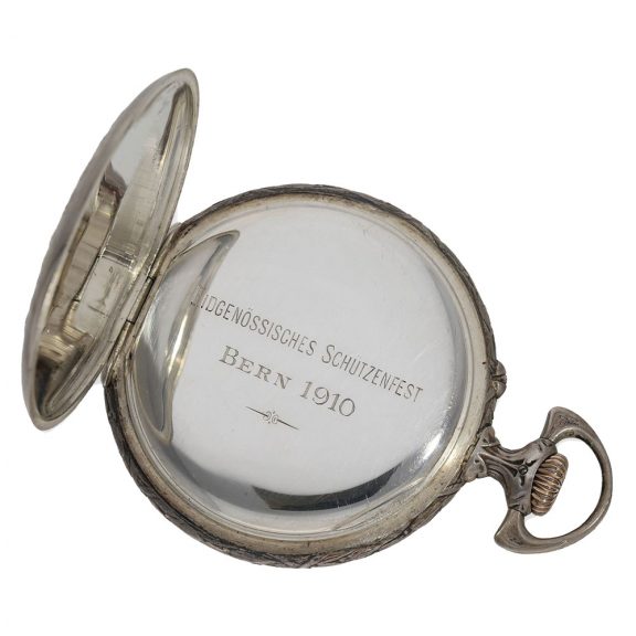 Swiss silver relief cased Eidgenössisches Schützenfest watch Circa 1910 Swiss silver relief cased Eidgenössisches Schützenfest watch Circa 1910