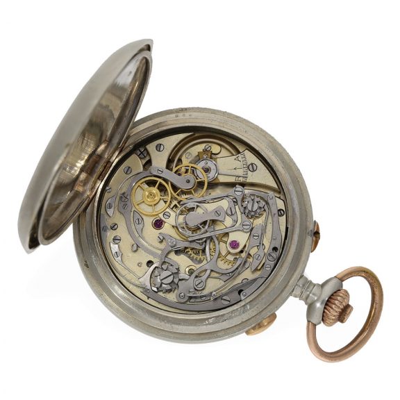 Swiss nickel split seconds chronograph with military chatelaine Circa 1915 Swiss nickel split seconds chronograph with military chatelaine Circa 1915