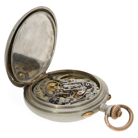 Swiss nickel split seconds chronograph with military chatelaine Circa 1915 Swiss nickel split seconds chronograph with military chatelaine Circa 1915