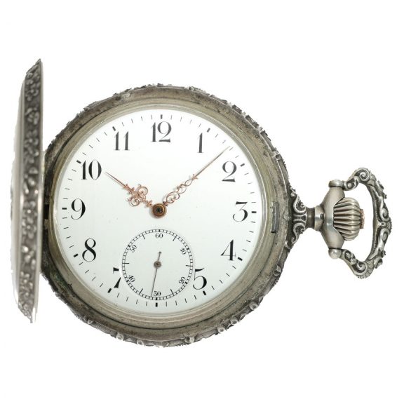Swiss silver Art Nouveau relief hunter cased pocket watch Circa 1900