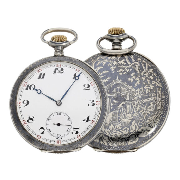 Swiss silver precision pocket watch with niëllo case Circa 1927 Swiss silver precision pocket watch with niëllo case Circa 1927