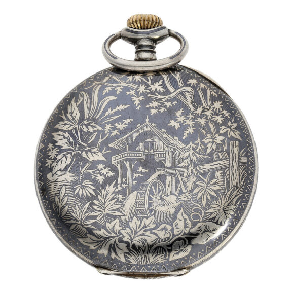 Swiss silver precision pocket watch with niëllo case Circa 1927 Swiss silver precision pocket watch with niëllo case Circa 1927