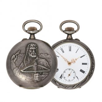 Swiss decorative marksman's watch with relief case Circa 1905