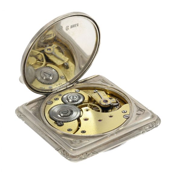 Swiss silver square Art Nouveau watch with lever escapement Circa 1900 Swiss silver square Art Nouveau watch with lever escapement Circa 1900
