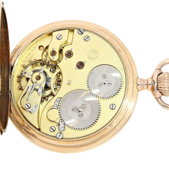 Swiss gold lever hunting case pocket watch Circa 1908 Swiss gold lever hunting case pocket watch Circa 1908