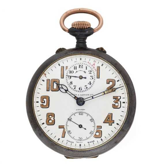 Swiss gunmetal keyless lever pocket watch with alarm Circa 1915
