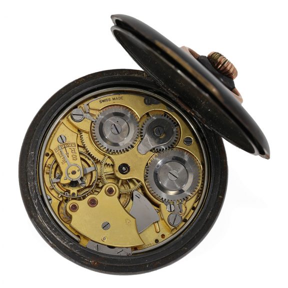 Swiss gunmetal keyless lever pocket watch with alarm Circa 1915 Swiss gunmetal keyless lever pocket watch with alarm Circa 1915