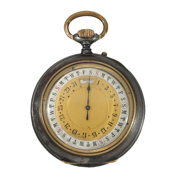 German burnished iron double sided calendar watch Circa 1900 German burnished iron double sided calendar watch Circa 1900