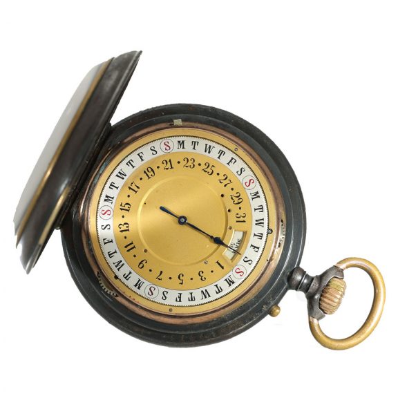 German burnished iron double sided calendar watch Circa 1900 German burnished iron double sided calendar watch Circa 1900