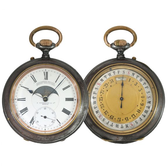 German burnished iron double sided calendar watch Circa 1900 German burnished iron double sided calendar watch Circa 1900