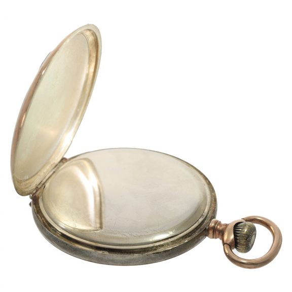 Swiss silver pocket watch with military high relief motif Circa 1910 Swiss silver pocket watch with military high relief motif Circa 1910