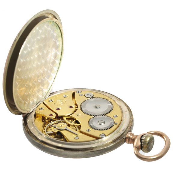 Swiss silver pocket watch with military high relief motif Circa 1910 Swiss silver pocket watch with military high relief motif Circa 1910