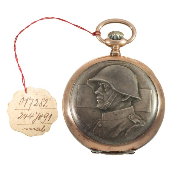 Swiss silver pocket watch with military high relief motif Circa 1910 Swiss silver pocket watch with military high relief motif Circa 1910