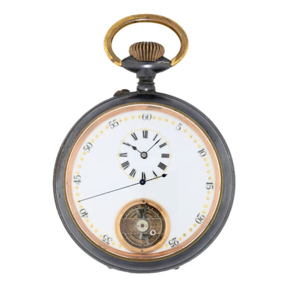 Swiss browned iron case with decorative enamel dial Circa 1900