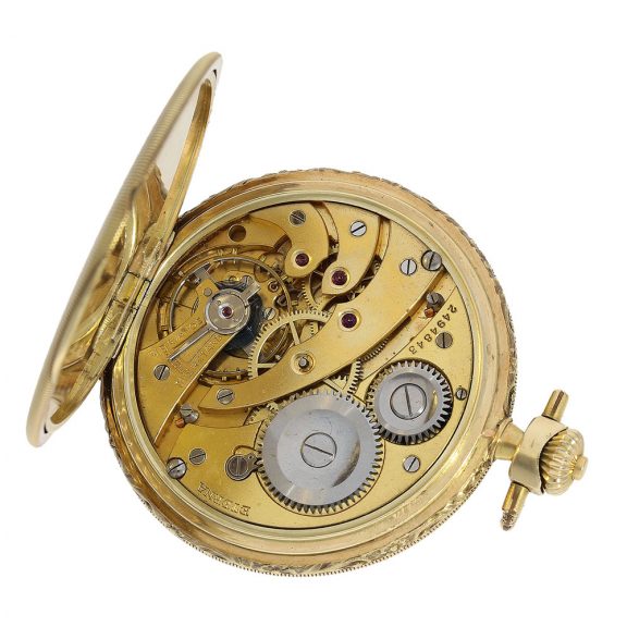Swiss Art Deco gold hunting case pocket watch with pinstripe décor Circa 1930 Swiss Art Deco gold hunting case pocket watch with pinstripe décor Circa 1930