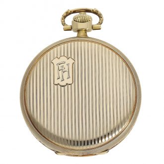 Swiss Art Deco gold hunting case pocket watch with pinstripe décor Circa 1930