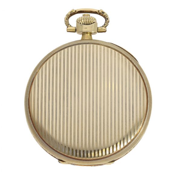 Swiss Art Deco gold hunting case pocket watch with pinstripe décor Circa 1930 Swiss Art Deco gold hunting case pocket watch with pinstripe décor Circa 1930