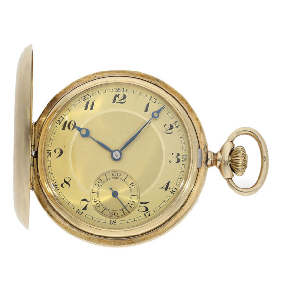 Swiss gold hunting case pocket watch from the Art Deco period Circa 1920