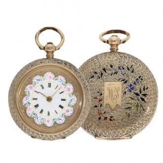 Swiss gold lady's watch with dial with enamel painting Circa 1880