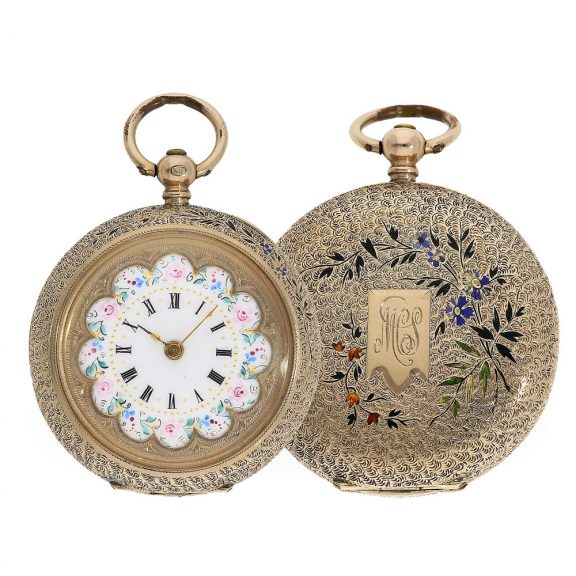 Swiss gold lady's watch with dial with enamel painting Circa 1880