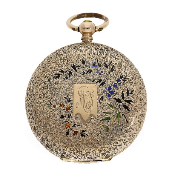 Swiss gold lady's watch with dial with enamel painting Circa 1880 Swiss gold lady's watch with dial with enamel painting Circa 1880