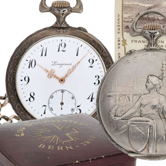 Swiss silver marksman's watch with original box and chain Circa 1910 Swiss silver marksman's watch with original box and chain Circa 1910