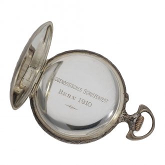 Swiss silver marksman's watch with original box and chain Circa 1910