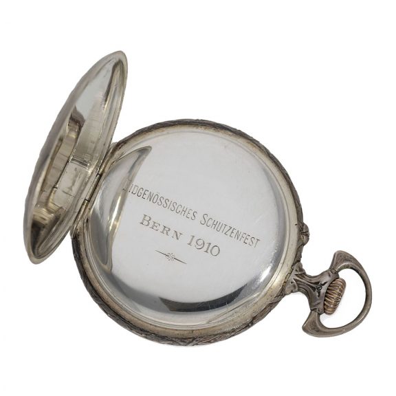 Swiss silver marksman's watch with original box and chain Circa 1910 Swiss silver marksman's watch with original box and chain Circa 1910