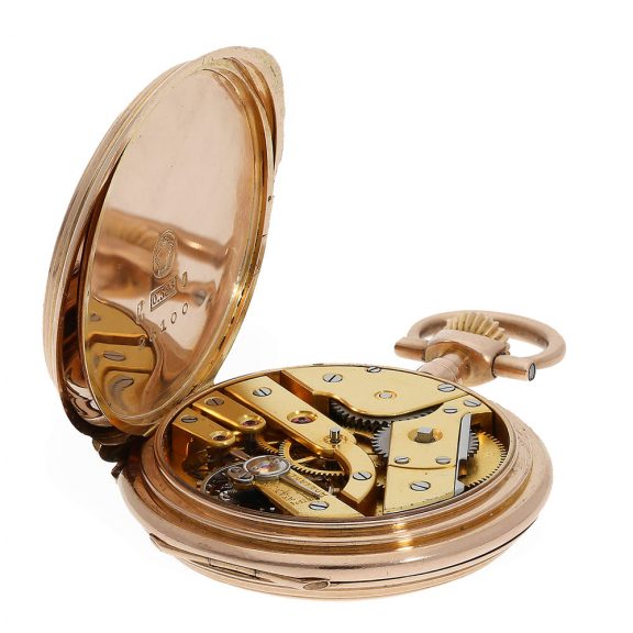 Swiss very fine Louis XV 14 Carat pink gold full hunter cased watch Circa 1900 Swiss very fine Louis XV 14 Carat pink gold full hunter cased watch Circa 1900