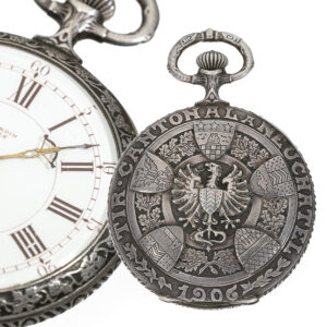Very rare Swiss marksman's watch with silver relief case Circa 1906