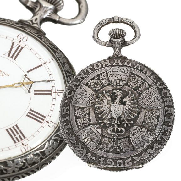 Very rare Swiss marksman's watch with silver relief case Circa 1906