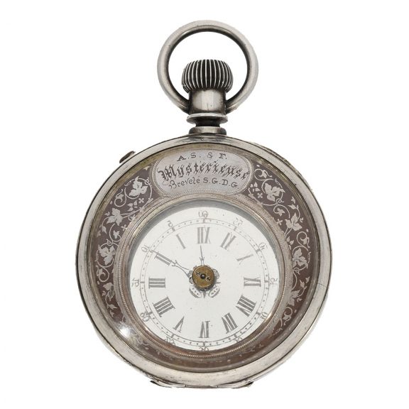 Swiss silver “Mysterieuse” with crescent shaped movement Circa 1885 Swiss silver “Mysterieuse” with crescent shaped movement Circa 1885