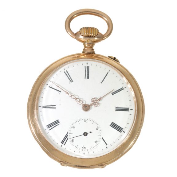 Swiss 14 carat gold watch with engraved scene Circa 1895
