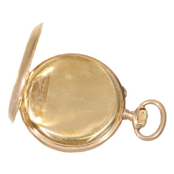 Swiss 14 carat gold watch with engraved scene Circa 1895 Swiss 14 carat gold watch with engraved scene Circa 1895