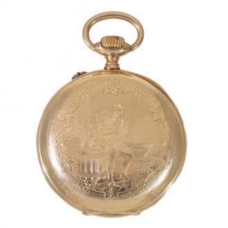 Swiss 14 carat gold watch with engraved scene Circa 1895
