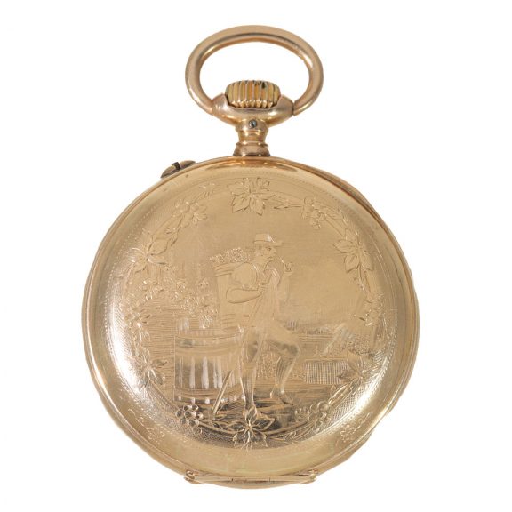 Swiss 14 carat gold watch with engraved scene Circa 1895 Swiss 14 carat gold watch with engraved scene Circa 1895