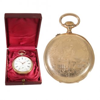Swiss 14 carat gold watch with engraved scene Circa 1895