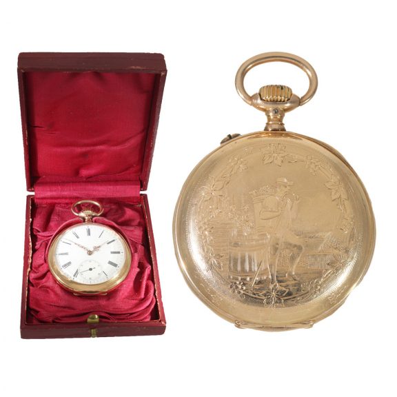 Swiss 14 carat gold watch with engraved scene Circa 1895 Swiss 14 carat gold watch with engraved scene Circa 1895