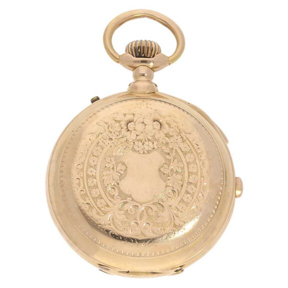 Decorated Swiss gold repeater with chronograph Circa 1890 Decorated Swiss gold repeater with chronograph Circa 1890