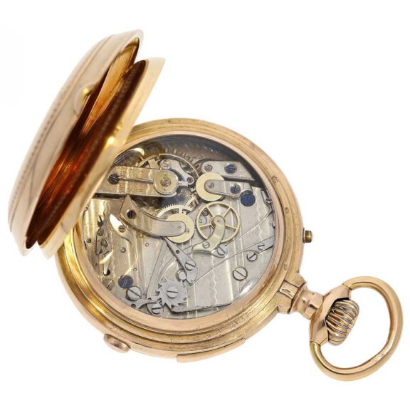 Decorated Swiss gold repeater with chronograph Circa 1890 Decorated Swiss gold repeater with chronograph Circa 1890