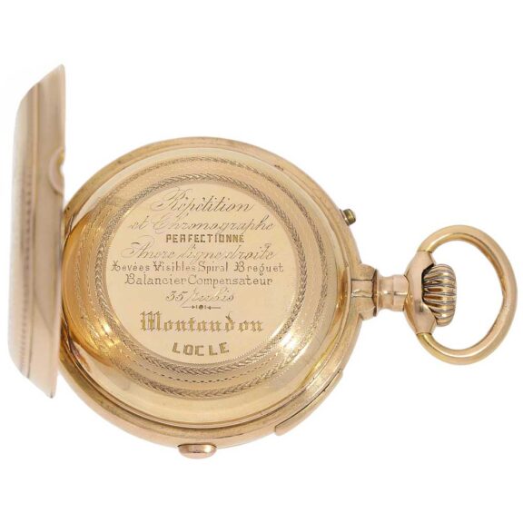 Decorated Swiss gold repeater with chronograph Circa 1890 Decorated Swiss gold repeater with chronograph Circa 1890