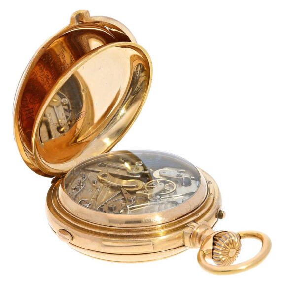 Decorated Swiss gold repeater with chronograph Circa 1890 Decorated Swiss gold repeater with chronograph Circa 1890