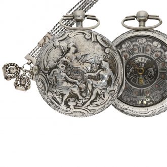 Large English repoussé pair case verge watch with chatelaine Circa 1772